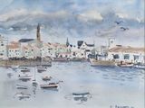a painting of a harbor scene with boats in the water
