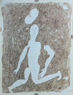 a drawing of a woman playing with a frisbee on the ground