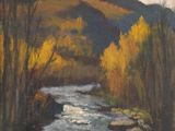une peinture à l'huile représentant une rivière qui traverse une forêt peuplée d'arbres