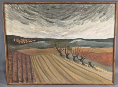 an oil painting of a farm scene with a plow in the foreground