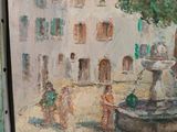 a painting of a fountain in front of a building