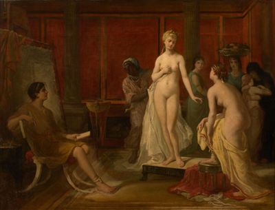 an image of a painting of a woman standing in a room with other women