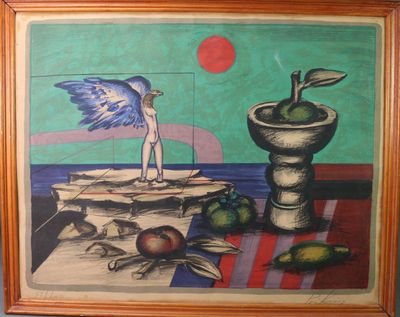 tableau représentant une femme debout sur une table, avec des fruits et un oiseau