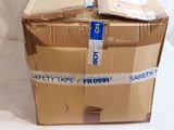 a cardboard box with tape wrapped around it on a white surface