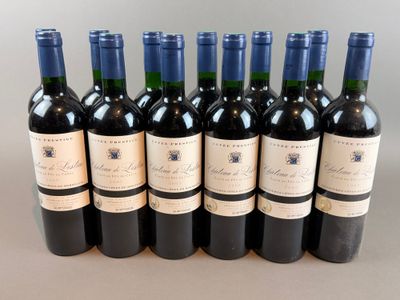 six bottles of red wine lined up in a row on a table