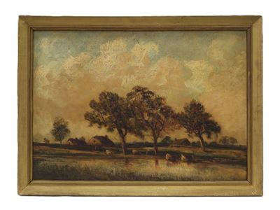 an oil painting of cows grazing in a field with trees in the background