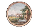 a picture of a painting of a garden with a fountain
