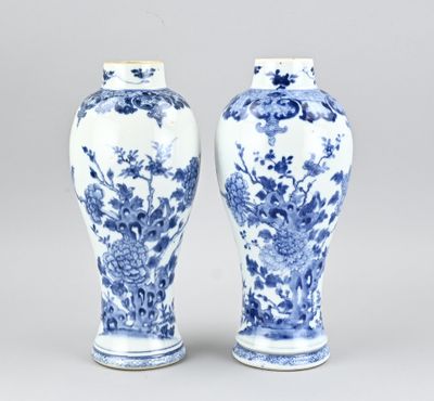 une paire de vases bleus et blancs ornés de fleurs et d'oiseaux