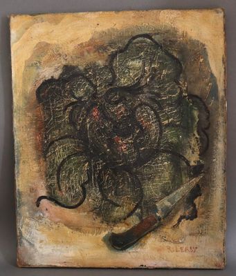 an image of a painting of a knife and a flower on a piece of wood