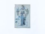un dessin représentant une femme en robe bleue sur fond blanc