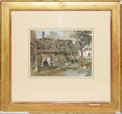 un tableau représentant une scène de vie à la campagne, avec un homme et un chien devant une maison