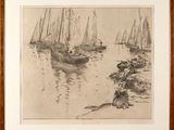 drawing of a group of boats floating on top of a body of water