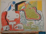 dessin représentant une femme assise devant un tableau posé sur un chevalet