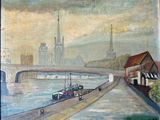 une peinture d'un bateau sur l'eau près d'un pont