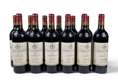 six bottles of wine are lined up in a row on a white surface