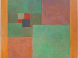 une peinture représentant un carré vert, rouge et marron sur fond blanc