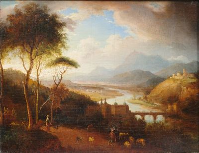 Ecole du nord du XIXème siècle. Paysage animé au pont