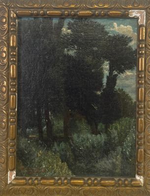 an image of a painting of a man riding a horse in a wooded area
