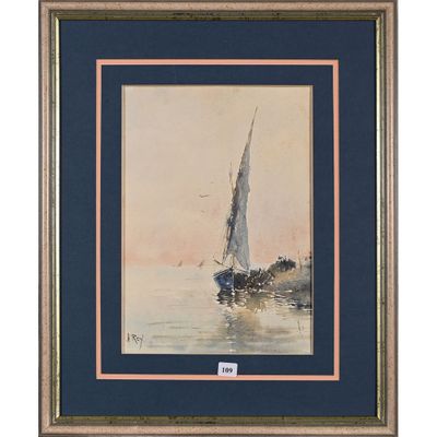 une peinture représentant un voilier sur l'eau, avec le ciel en arrière-plan