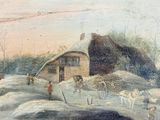 painting of a house in a snowy landscape with a horse drawn carriage
