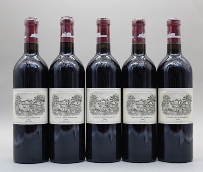 six bouteilles de vin sont alignées sur une surface blanche