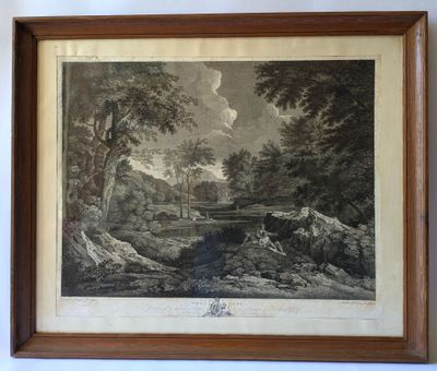 a framed picture of a river scene with a bridge in the distance