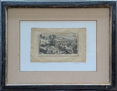 an old picture of a landscape with a river and mountains in the background