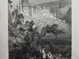an engraving of a view of a town with a castle in the background