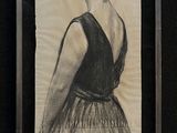 drawing of a woman in a black dress in a black frame