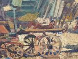 a painting of a horse drawn carriage on display