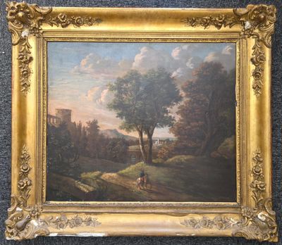 un tableau représentant un paysage avec un homme et un chien au premier plan