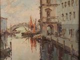 tableau représentant un tableau d'un canal avec un pont en arrière-plan