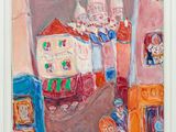 an image of a painting of a street scene with a church in the background