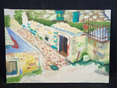une peinture à l'huile représentant un tableau représentant un bâtiment avec un portail