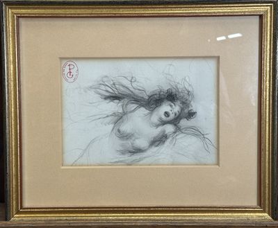 framed drawing of a woman with hair blowing in the wind