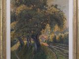 an oil painting of trees in a field with a dirt path