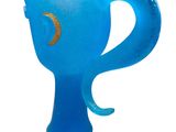 a blue glass cup with a crescent on it