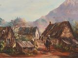 painting of a village scene with a man riding a horse in the foreground