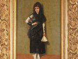 painting of a woman in a black dress holding a purse
