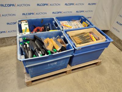 two blue bins with tools in them sitting on a pallet