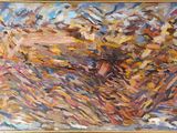 une peinture à l'huile représentant un paysage avec des arbres et des buissons au premier plan