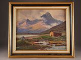 an oil painting of a mountain scene with a cabin in the foreground