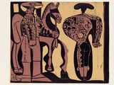 an image of a painting of a man and a woman standing next to a horse