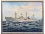 painting of a large ship in the ocean with mountains in the background