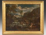 an image of a painting of a man and a dog in a river