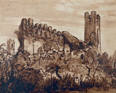 dessin représentant un château sur une colline, avec une rivière au premier plan et des arbres au premier plan