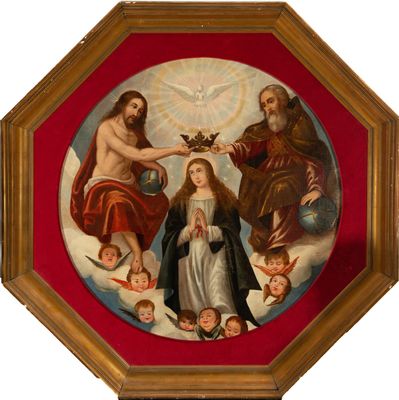 une image représentant un tableau de la Vierge entourée d'anges et d'anges