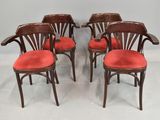 set of six mahogany chairs with red upholstered cushions