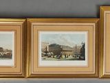 trois photos encadrées représentant des bâtiments et une horloge accrochée au mur