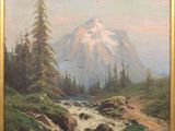 painting of a mountain scene with a stream in the foreground and pine trees in the foreground